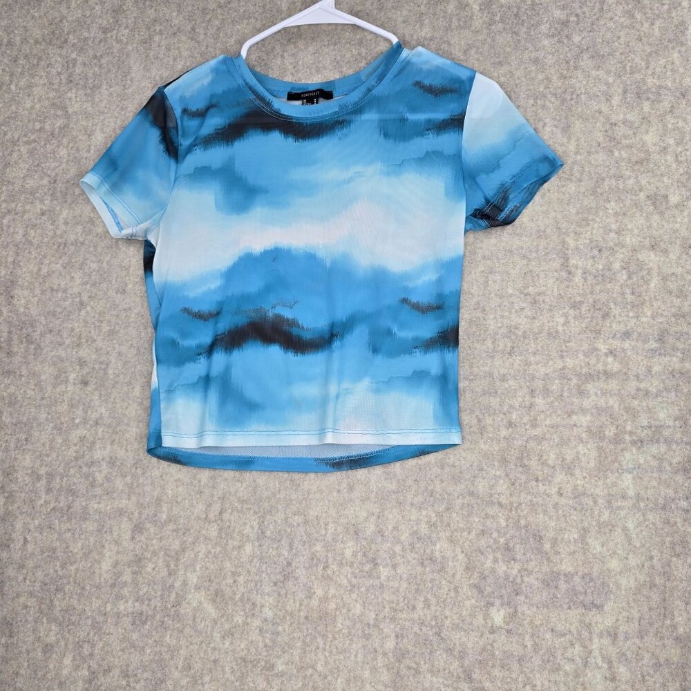 Forever 21 Womens Blue Tie-Dye Short Sleeve Cropped Mesh Tee Shirt Size Medium